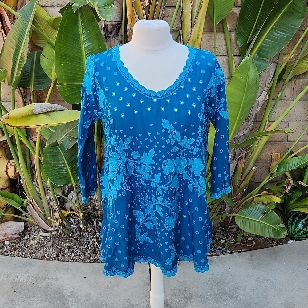 Johnny Was blue embordiered blouse extra small